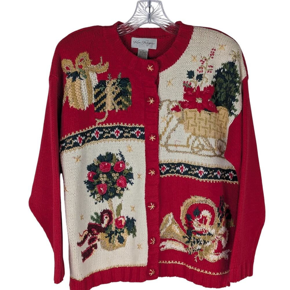Vtg Kim Rogers Christmas Cardigan Sweater Size M Embroidery Gold Metallic Y2K